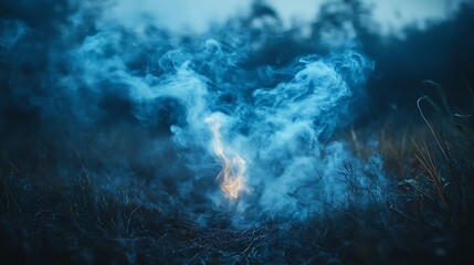 Mystical smoke rising through the field in blue tones, evokes a sense of mystery