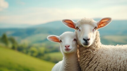 Obraz premium Adorable Young Lamb and Adult Sheep Standing Together in a Green Pasture Landscape