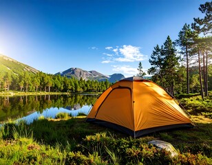 Orange tent by a serene lake, mountains in background