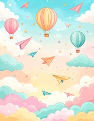 Whimsical Pastel Sky Background: Floating Hot Air Balloons, Paper Planes, Cartoon Clouds & Stars. Perfect for Childhood Imagination, Dreamy Journeys, Kids' Designs & Sweet Storytelling