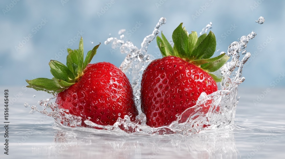 Poster two red strawberries are floating in a splash of water. the water is clear and the strawberries are 