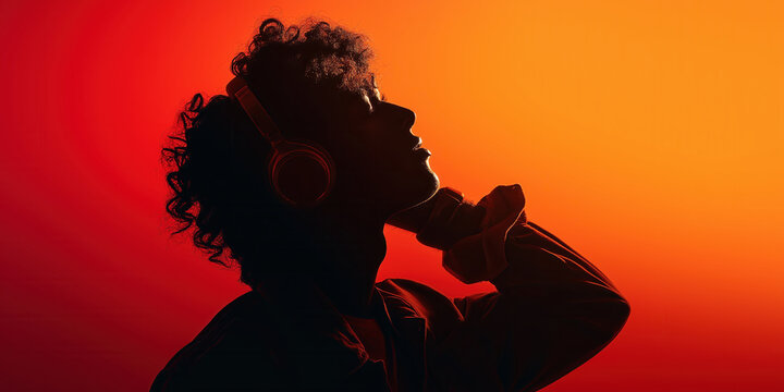 Silhouette of a person with curly hair, wearing headphones on their head, against a gradient backdrop of orange and red hues.