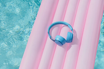 Blue headphones are placed on a pink flotation mattress in a swimming pool. Relax summertime. 