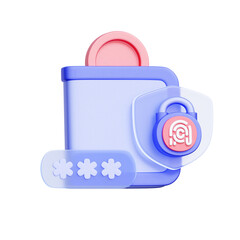 Obraz premium 3D icon of wallet with coin, fingerprint padlock, and password input, for e-wallet security, personal finance, mobile banking, and payment protection.