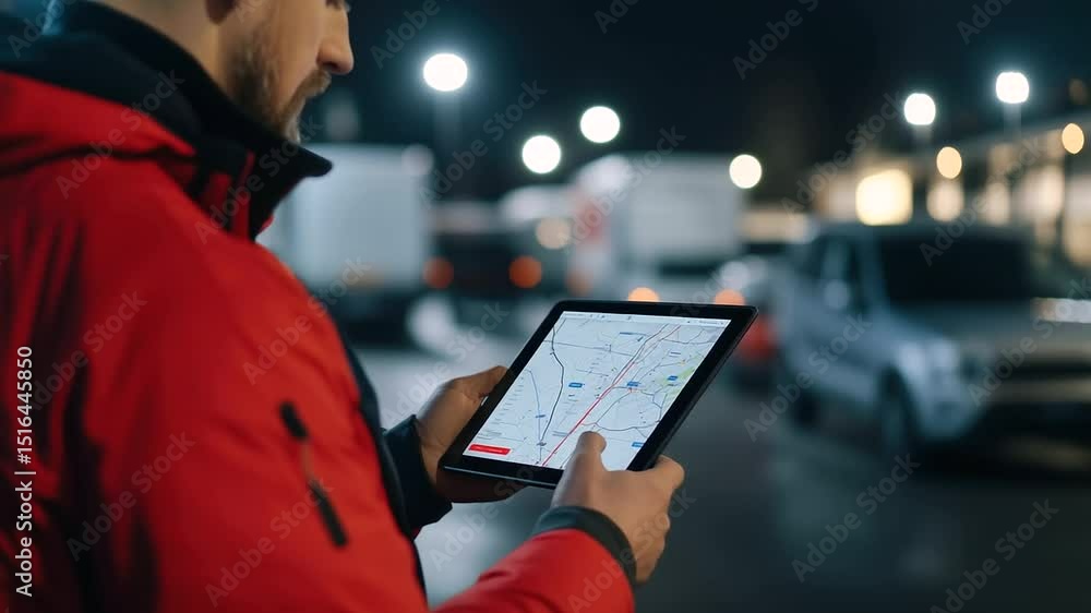 Poster a logistics coordinator reviewing delivery routes on a tablet inside a truck parking lot, the map sh
