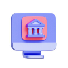 3D icon of desktop screen with bank logo icon, for digital banking, financial account access, online transactions, and money management.