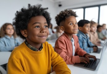 Diverse school kids engaging with laptops in collaborative learning setting