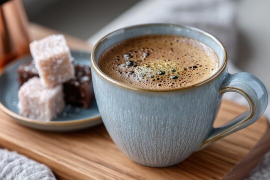 This inviting image showcases a steaming cup of coffee placed on a wooden tray alongside sugar cubes and chocolates, evoking feelings of comfort and indulgence in daily rituals.