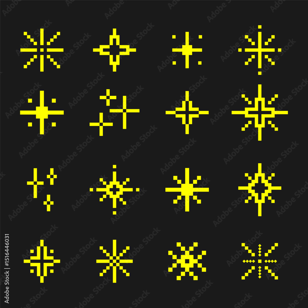 Poster pixel art sparkles and light burst icons set on dark background, perfect for retro video games, ui d