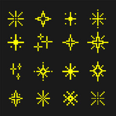 Pixel art sparkles and light burst icons set on dark background, perfect for retro video games, UI design, mobile apps, and digital effects projects.Retro 8-Bit Style Glowing Pixel Symbols Vector
