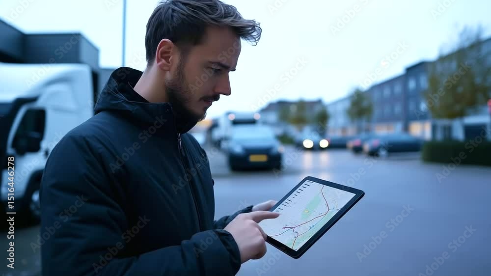 Poster a logistics coordinator with a tablet in hand, reviewing route updates in a truck parking lot, the m