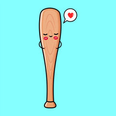 Cartoon wooden Baseball Bat character swooning, heart symbol floating nearby, expressing romantic emotions during passionate moment of affection