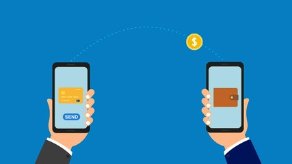 Flat style animation showing money transfer between two smartphones, representing secure national and international mobile payments and digital wallets - Powered by Adobe