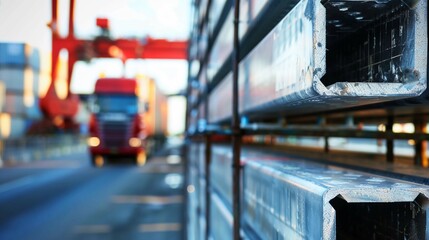 Obraz premium Stacked steel beams in close-up view representing trade barriers and economic protectionism, industrial strength and construction material concepts.