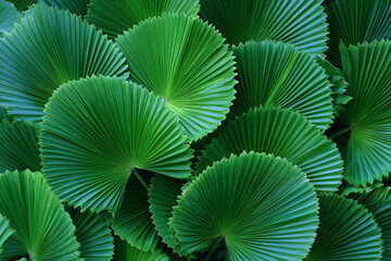 Fototapeta premium A close up of a bunch of green leaves with intricate details. The leaves are large and have a glossy, almost shiny appearance. They are arranged in a circular pattern, with some overlapping