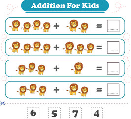 Addition for children. Addition with lions. Worksheets for children. Vector illustration