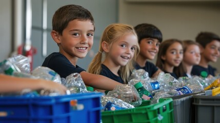 Enthusiastic students sorting plastic bottles, contributing to recycling efforts and environmental stewardship