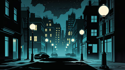 Comic book city background at night, foggy dark alley with street lamps, silhouette buildings, long shadows, detective noir atmosphere, retro halftone style, cartoon pop-art mood.