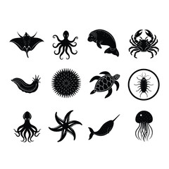 Aquatic animal vector illustration icon set