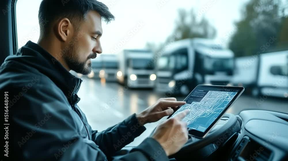 Poster a logistics coordinator sitting inside a truck, analyzing a tablet showing an interactive map with r
