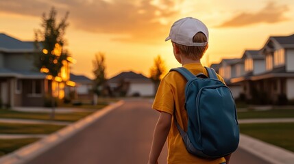 A silhouette of a child with a backpack walking down a quiet suburban street at sunset, evoking feelings of nostalgia and the innocence of childhood.