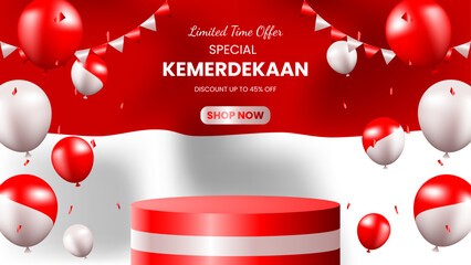 red and white balloons and podium for indonesian independence day banner or poster