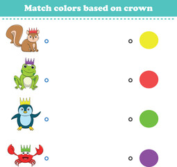 Match the color of the animal's crown. Educational game for color recognition