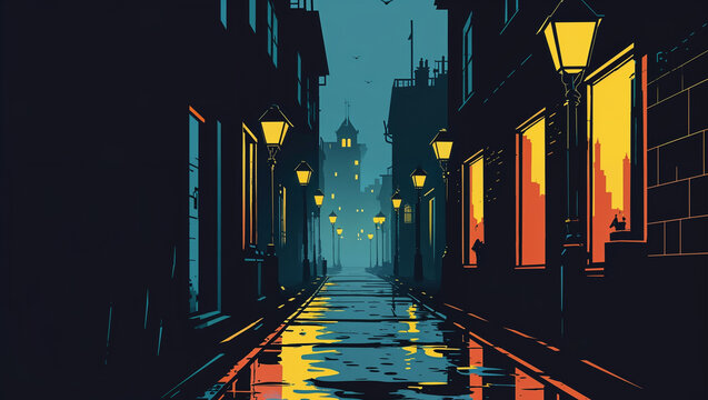 Comic book city background at night, foggy dark alley with street lamps, silhouette buildings, long shadows, detective noir atmosphere, retro halftone style, cartoon pop-art mood.