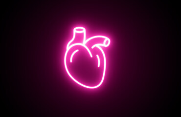 Neon Human anatomical heart line icon. Neon Pink color heart icon black background . Modern illustration of human organ.
