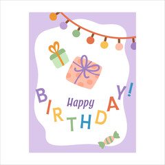 Cute kid happy birthday card. Colorful and minimalist. Hand-drawn vector illustration in flat style.