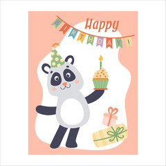 Cute happy birthday card safari animals with panda. Colorful and minimalist. Hand-drawn vector illustration in flat style.
