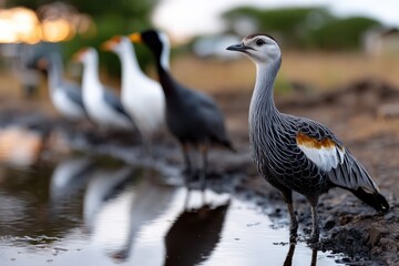 Obraz premium A close-up profile of a graceful bird standing by the water's edge, showcasing its striking plumage against a backdrop of light reflecting off the surface.