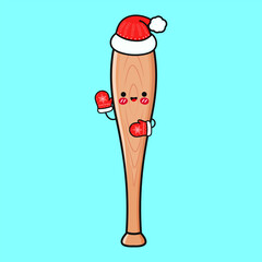 Cheerful cartoon Baseball Bat donning festive holiday hat, mittens, waving with seasonal spirit for winter graphic designs
