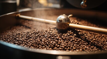Freshly roasted coffee beans in a roasting machine during the afternoon hours at a local coffee shop
