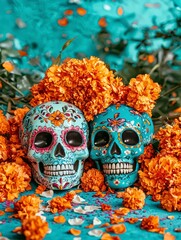 Day of the Dead Celebration, Colorful Skulls and Marigolds, Artistic Display, Vibrant Atmosphere, Close-Up View, Tradition