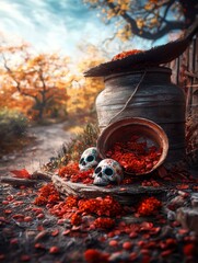 Skull and Flowers in a Rustic Setting, Nature Photography, Tranquil Landscape, Falling Leaves