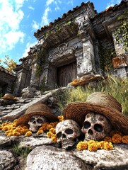 Cultural Festival, Skull Decorations, Ancient Ruins, Digital Art, Festive Atmosphere, Ground Level, Daylight Scene
