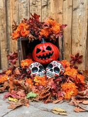Halloween Celebration with Pumpkin and Sugar Skulls in Autumn Leaves at Rustic Location