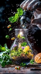 Action-Packed Experiment, Terrarium, Laboratory, Photograph, Vibrant Environment, Close-Up View, Concept of Growth
