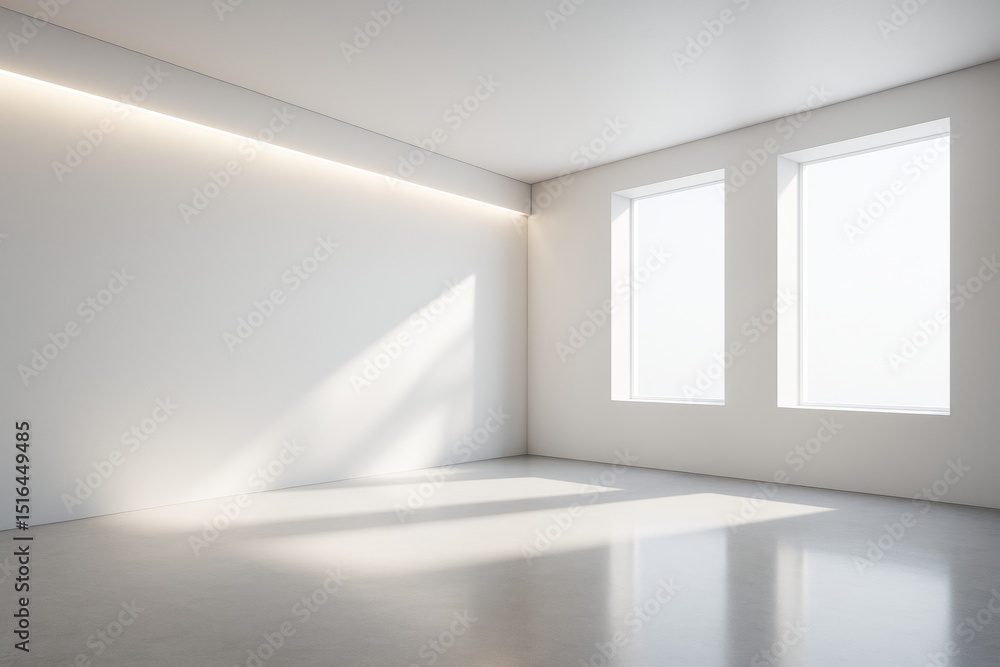Poster minimalist empty white room with large windows and soft natural light casting shadows on floor and w