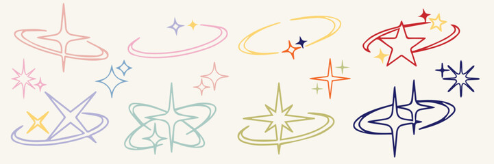 Retro futuristic sparkle icons collection. Set of star shapes. Abstract cool shine effect sign vector design. Templates for design, posters, projects, banners, logo, and business cards