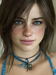 Portrait of a Young Woman with Freckles in Casual Attire, Indoor Setting, Close-Up Photography, Natural Light