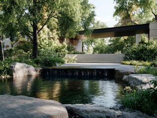 Serene Water Feature in Modern Architecture, Nature Retreat, Peaceful Environment, Scenic View