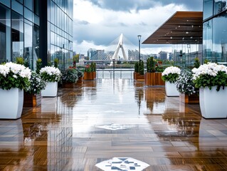 Modern Waterfront Architecture with Floral Accents at Urban Rooftop Terrace in Cityscape View