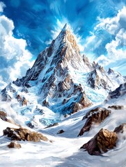 Majestic Mountain Peak, Snowy Landscape, Nature Illustration, Bright Sky, Scenic View, Adventure Concept