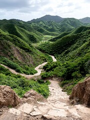 Scenic Hiking Trail, Lush Green Landscape, Mountain Valley, Nature Photography, Serene Environment, Wide Angle View, Adventure Concept