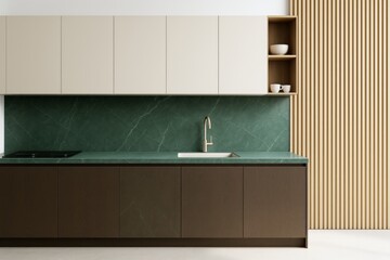 Modern minimalist kitchen interior with green marble backsplash, beige and dark wood cabinets, and vertical wood slat wall decor concept.