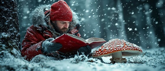 Man in Red Coat with Book by Giant Mushroom in Snowy Forest