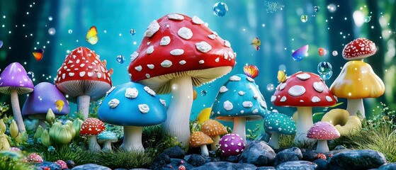 Fantasy Forest, Colorful Mushrooms, Enchanted Grove, Digital Artwork, Vibrant Atmosphere, Whimsical Perspective
