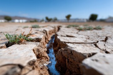 A stark image of cracked dry earth, showing small patches of green struggling for survival, symbolizing the pressing issue of water scarcity and environmental challenges.